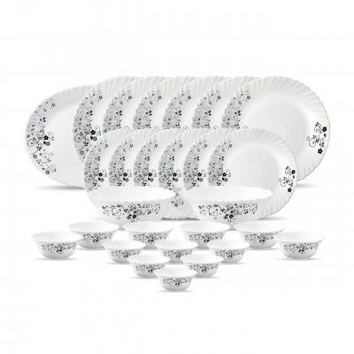 Laopala Diva, Classique Collection, Opal Glass Dinner Set 27 Pcs, Mystrio Black, White - 300 Ml