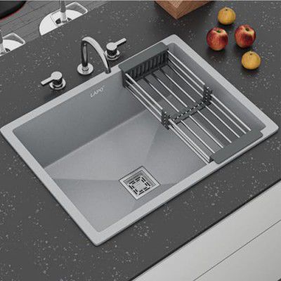 LAPO Quartz Kitchen Sink, Single Bowl Kitchen Sink, Granite Quartz Kitchen Sink with Sink Coupling, Hose Pipe and Drainer Basket (24x18 Inches, Grey Metallic Finish)