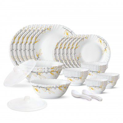 Larah by Borosil 35 Pieces Opalware Dinner Set | for Family of 6 | Microwave & Dishwasher Safe 