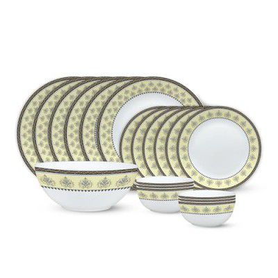 Larah by Borosil Amber Kohinoor Series Opalware Dinner Set | 19 Pcs for Family of 6 | Microwave & Dishwasher Safe | Bone-Ash Free | Crockery Set for Dining & Gifting | Plates & Bowls | White