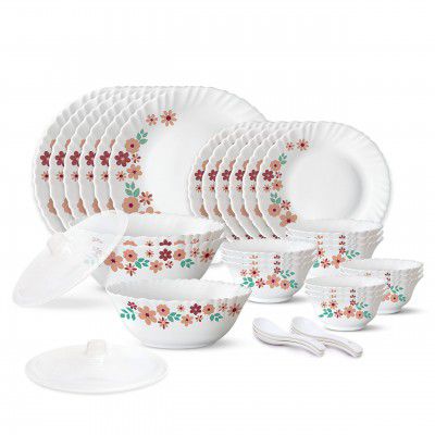 Larah by Borosil Ayana Silk Series Opalware Dinner Set | 35 Pieces for Family of 6 