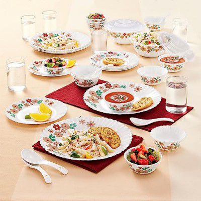 Larah By Borosil Ayana Silk Series Opalware Dinner Set with Glasses, 40 Pieces for Family of 6