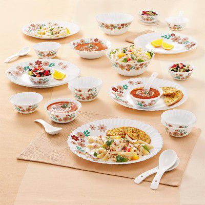 Larah by Borosil Ayana Silk Series Opalware Dinner Set | 27 Pieces for Family of 6 | Microwave & Dishwasher Safe | Bone-Ash Free | Plates & Bowls | White