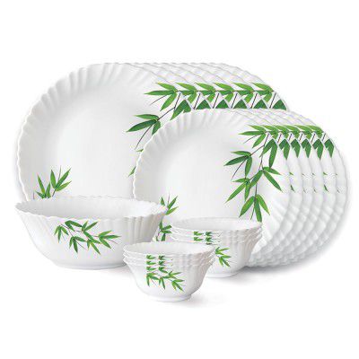 Larah by Borosil Bamboo Leaves Fluted Series Opalware Dinner Set | 19 Pieces for Family of 6 | White