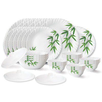 Larah by Borosil Bamboo Leaves Fluted Series Opalware Dinner Set | 31 Pieces for Family of 6 | White