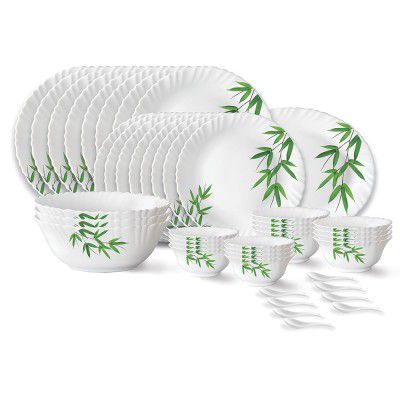 Larah by Borosil Bamboo Leaves Fluted Series Opalware Dinner Set | 44 Pieces for Family of 8