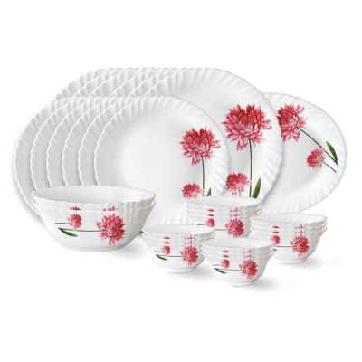 Larah by Borosil Belle Fluted Series Opalware Dinner Set | 27 Pieces for Family of 6 | Microwave & Dishwasher Safe | Bone-Ash Free