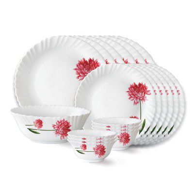 Larah by Borosil Belle Fluted Series Opalware Dinner Set | 19 Pieces for Family of 6 | Microwave & Dishwasher Safe | Bone-Ash Free | Crockery Set for Dining & Gifting | Plates & Bowls | White