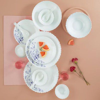 Larah by Borosil Blue Eve Silk Series Opalware Dinner Set | 35 Pieces for Family of 6
