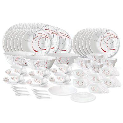 Larah by Borosil Boro Fluted Series Opalware Dinner Set | 66 Pieces for Family of 6 
