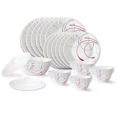 Larah by Borosil Boro Fluted Series Opalware Dinner Set | 28 Pieces for Family of 6 