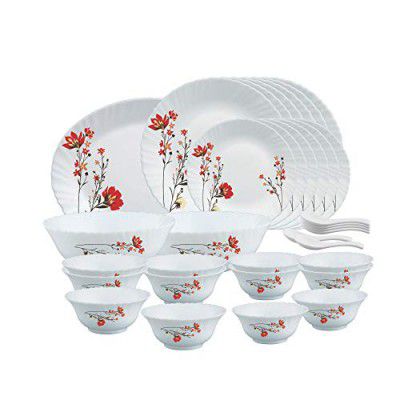 Larah by BOROSIL Chry Red Opalware Dinner Set, 33-Pieces, White