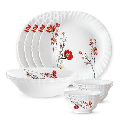 Larah by Borosil Chrys Red Opalware Dinner Set, 10 -Piece, White