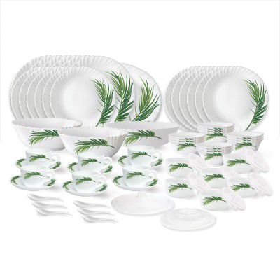 Larah by Borosil Crescent Fluted Series Opalware Dinner Set | 66 Pieces for Family of 6 