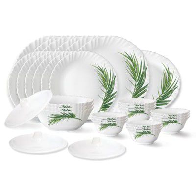 Larah by Borosil Crescent Fluted Series Opalware Floral Dinner Set|31 Pieces for Family of 6