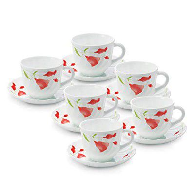 Larah By Borosil Diana Cup and Saucer Set, 220ml, 12-Piece, White