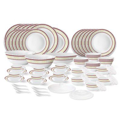 Larah by Borosil Elega Fluted Series Opalware Dinner Set | 66 Pieces for Family of 6 