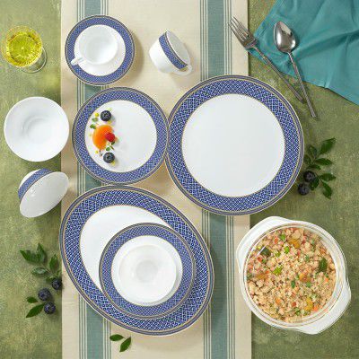 Larah by Borosil Emerald Weave Opalware Dinner Set | 61 Pcs for Family of 8