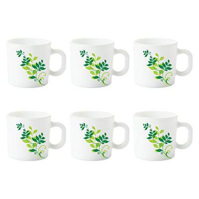 Larah by BOROSIL Fern Opalware Mug Set, 6 Piece, White, 180 Ml