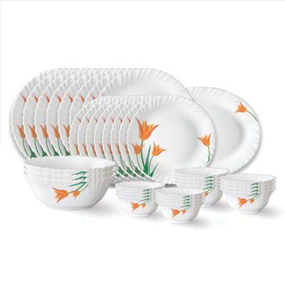Larah by Borosil Firefly Fluted Series Opalware Dinner Set | 36 Pieces for Family of 8 | Microwave & Dishwasher Safe | Bone-Ash Free | Crockery Set for Dining & Gifting | Plates & Bowls | White