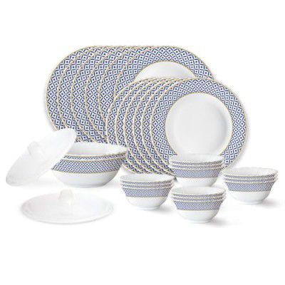 Larah by Borosil Fluted Juliet Dinner Set 28 Pieces, Opal Glass Dinner Plates & Bowls Crockery Set for Dinning, White