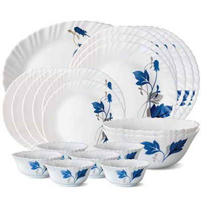 Larah by Borosil Fluted Series Ageria Opalware Dinner Set | 21 Piece for Family of 6 | Plates & Bowls | White