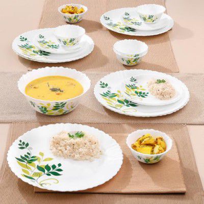 Larah by Borosil Fluted Series Fern Opalware Dinner Set | 19 Piece for Family of 6 | Plates & Bowls | White
