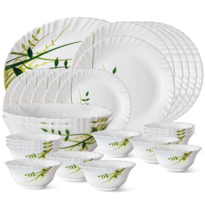 Larah by Borosil Fluted Series Green Herbs Opalware Dinner Set | 27 Piece for Family of 6 | White