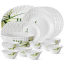 Larah by Borosil Fluted Series Green Herbs Opalware Dinner Set | 27 Piece for Family of 6 | White...