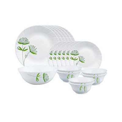 Borosil Fluted Series Green Lily Opalware Dinner Set | 19 Piece for Family of 6