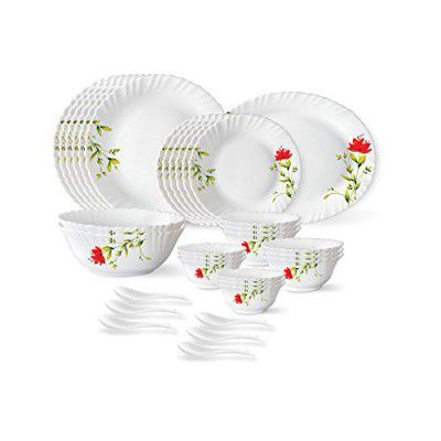 Larah by Borosil Fluted Series Oriental Opalware Dinner Set | 33 Piece for Family of 6 | Crockery Set for Dining & Gifting | Plates & Bowls | White