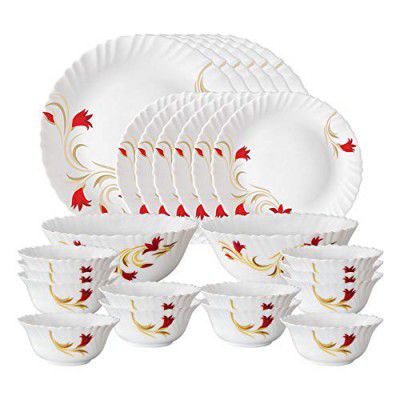 Larah by Borosil Fluted Series Red Lily Opalware Dinner Set | 28 Piece for Family of 6 | White