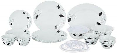 Larah by Borosil Fluted Shadow Dinner Set 31 Pieces, Opal Glass Dinner Plates & Bowls Crockery Set for Dinning, White