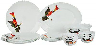 Larah by Borosil Fluted Stargazer Dinner Set 21 Pieces, Opal Glass Dinner Plates & Bowls Crockery Set for Dinning, White