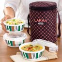 Larah by Borosil Geo Green Lunch Box with Lunch Bag, Tiffin Box for Office for Men, Lunch Box for Women, 3 x 400 ml containers, Round, Microwave-Safe Lunch Box...