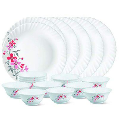 Larah by Borosil Glass Flore Thali Set (White) - 18 Pieces