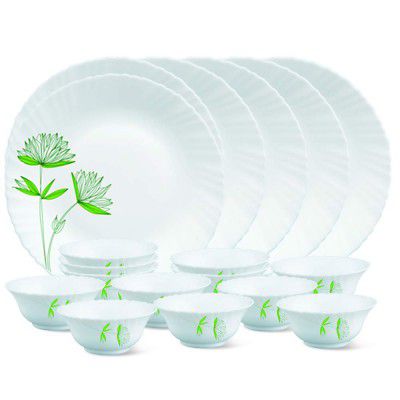 Larah by Borosil Glass Green LillyThali Set (White) - 18 Pieces