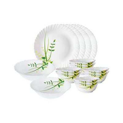 Larah by Borosil Green Herbs Opalware Dinner Set, 14-Pieces, White