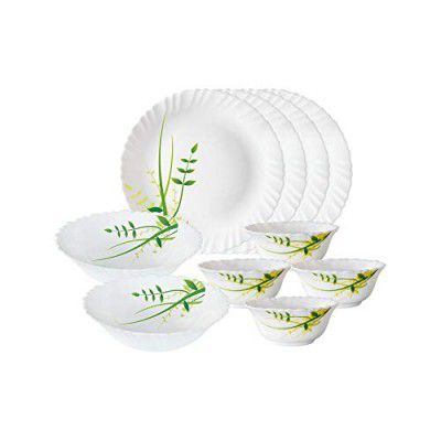 Larah by BOROSIL Green Herbs Opalware Dinner Set, White - 10 Piece