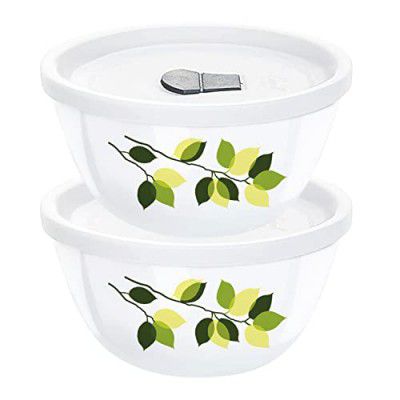 Larah by Borosil Green Leave Opalware 2 pc Mixing & Serving Bowl Set with Lid | 750 ml + 1 L Bowl Set | Microwave & Dishwasher Safe, Bone-Ash Free | Crockery Set Ideal for Daily Use & Gifting, White