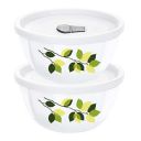 Larah by Borosil Green Leave Opalware 2 pc Mixing & Serving Bowl Set with Lid | 750 ml + 1 L Bowl Set | Microwave & Dishwasher Safe, Bone-Ash Free | Crockery Set Ideal for Daily Use & Gifting, White...