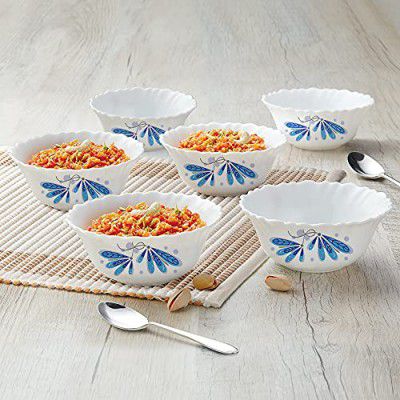 Larah by BOROSIL Green Leaves 6 Pcs Opalware Soup Bowl Set (170 ml Each), White