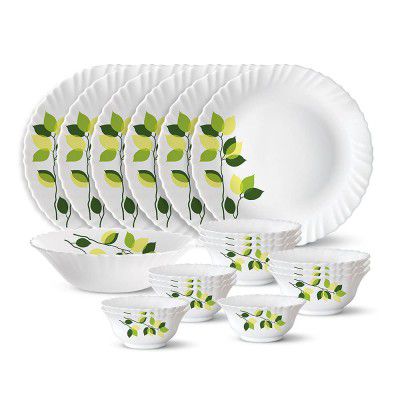 Larah by Borosil Green Leaves Silk Series Opalware Dinner Set, 19 Pieces, White