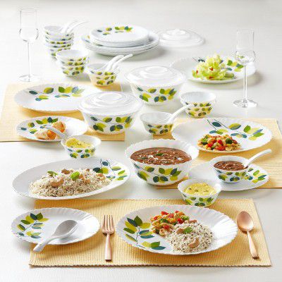 Larah by BOROSIL Green Leaves Silk Series Opalware Dinner Set, 47 Pieces, White