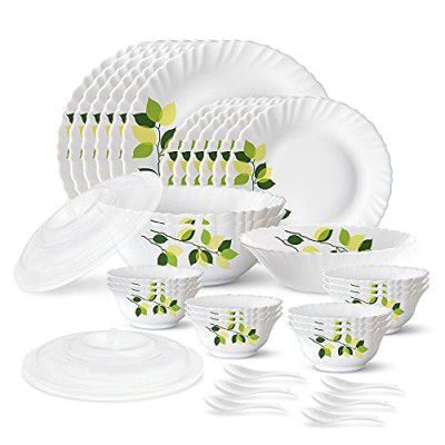 Larah by Borosil Green Leaves Silk Series Opalware Dinner Set | 35 Pieces for Family of 6 | Plates & Bowls | White