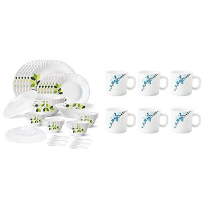 Larah by Borosil Green Leaves Silk Series Opalware Dinner Set, 35 Pieces, White+Larah by Borosil Mimosa Opalware Mug Set, 6-Pieces, White