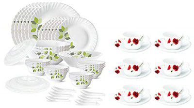 Larah by Borosil Green Leaves Silk Series Opalware Dinner Set, 35 Pieces, White & Red Carnation (LH) Cup and Saucer Set, 140ml, 12-Pieces, White, HT12CS14RCA1, HT12CS14RCA1