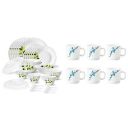 Larah by Borosil Green Leaves Silk Series Opalware Dinner Set, 35 Pieces, White+Larah by Borosil Mimosa Opalware Mug Set, 6-Pieces, White...