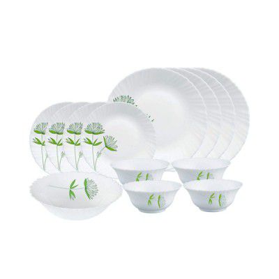 Larah by Borosil Green Lily Opalware Dinner Set, 13 -Piece, White