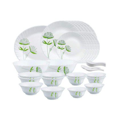 Larah by BOROSIL Green Lily Opalware Dinner Set, White - 33 Pieces